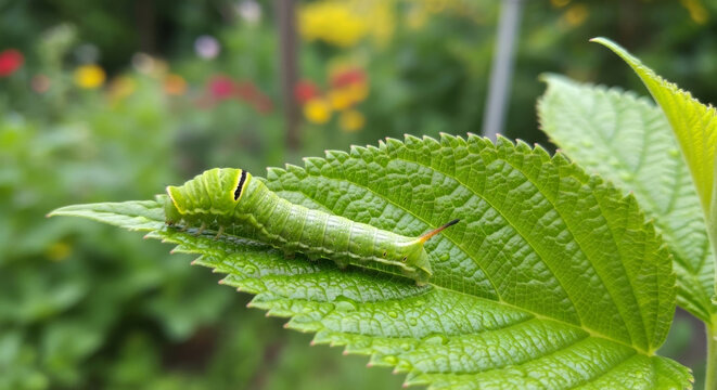 A vibrant green caterpillar resting on a lush leaf in a blooming garden, showcasing its intricate textures and colors.
