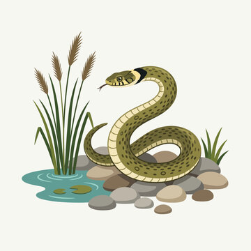 Grass snake coiled on rocks by water with reeds, illustration