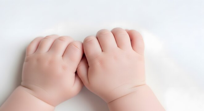 Infant hands are shown closed together in a gentle pose that captures the soft textures of early childhood and pure innocence.