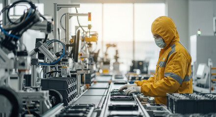 Fototapeta premium A male worker in a yellow protective suit and mask assembles electronic components in a modern factory setting.