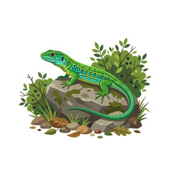 Fototapeta premium Vibrant green lizard perched on mossy rock with foliage