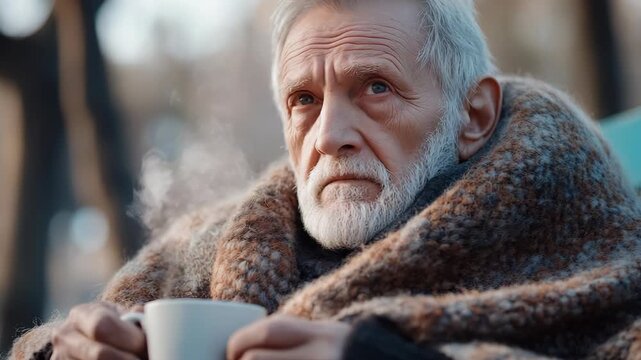 An elderly man sits in a park wrapped in a warm blanket. He holds a hot drink and watches his surroundings. The afternoon is chilly and he looks thoughtful