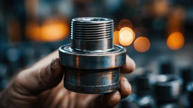 Precision Component in Hand: A skilled hand holds a finely machined metal component, highlighting intricate threading and bearing surfaces, set against a softly blurred industrial backdrop.