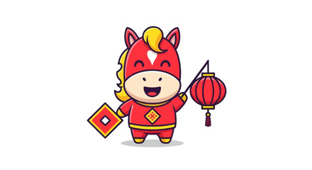 Fototapeta premium Cute Cartoon Horse Character Holding Lantern and Lucky Coin, Chinese New Year
