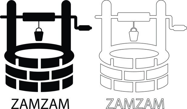 Black flat and line style Zam Zam well water vector icon set, collection and group of Islamic holy water, Hajj pilgrimage and spiritual symbols isolated on transparent background