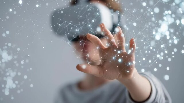 Person wears VR headset, hand reaching toward glowing network. Glowing dots and lines form digital space around their reaching hand. Focused expression suggests immersion in virtual