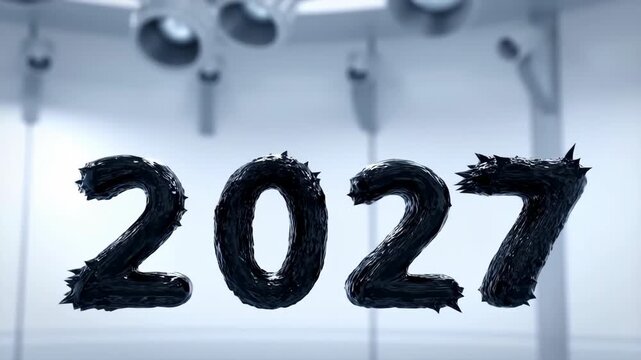 Futuristic year 2027 formed by black ferrofluid in white lab