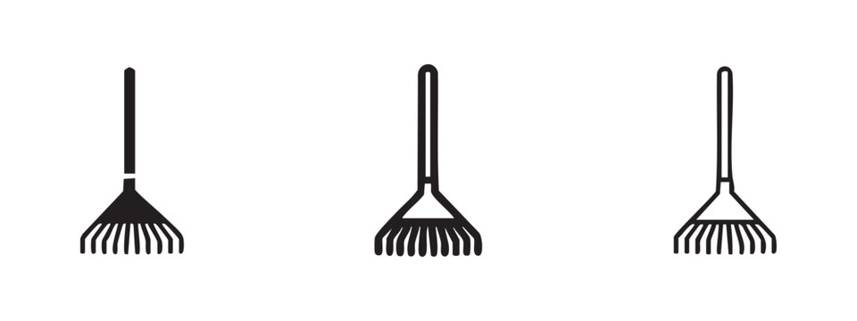 Leaf rake icon set. Gardening and lawn care tool symbols. Flat, line, and filled variations for yard work and autumn cleaning.