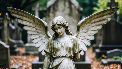 Obraz premium Angel statue gently bowing head in historic cemetery setting
