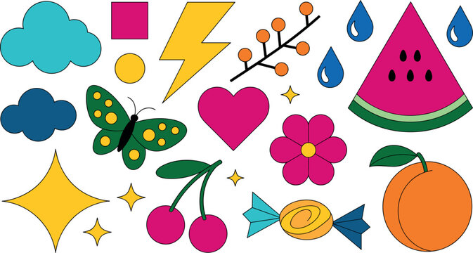 Colorful pop art vector illustration sticker set with watermelon clouds butterfly candy and fruit elements
