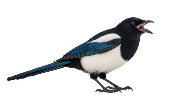 Black and white magpie bird with blue wings open beak, isolated on transparent background