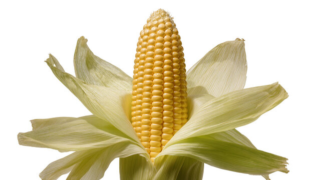 Fresh yellow corn cob with green husks, isolated on transparent background