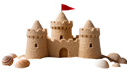 Elaborate sandcastle with red flag and seashells, isolated on transparent background © Mira