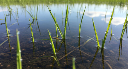 Fototapeta premium Close-up of green grass blades emerging from a tranquil water surface, reflecting the sky and surrounding greenery.