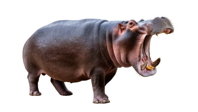 Massive hippopotamus with mouth wide open showing tusks, isolated on transparent background