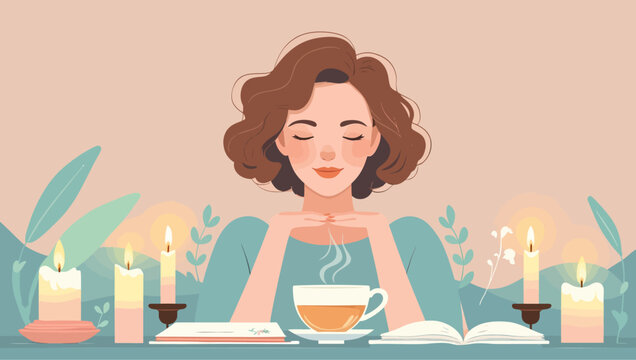Illustration of a woman with short brown hair reading a book while holding a steaming cup of tea or coffee, set against a soft, warm background.