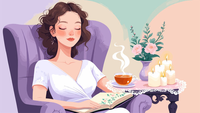 A peaceful illustration of a woman in a robe drinking tea and writing in a journal, surrounded by candles, flowers, and a serene atmosphere.