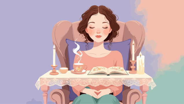 Illustration of a young woman with closed eyes sitting in a comfortable armchair, reading a book with a steaming cup of tea and candles on a table.