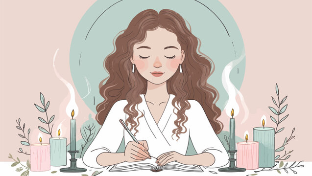 A peaceful illustration of a young woman with long wavy hair writing in a notebook, accompanied by a steaming cup of tea and lit candles.