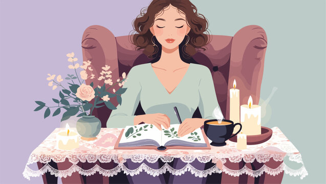 An illustration of a peaceful woman with long wavy hair writing in a book while holding a steaming cup of tea, accented by candles and floral art.