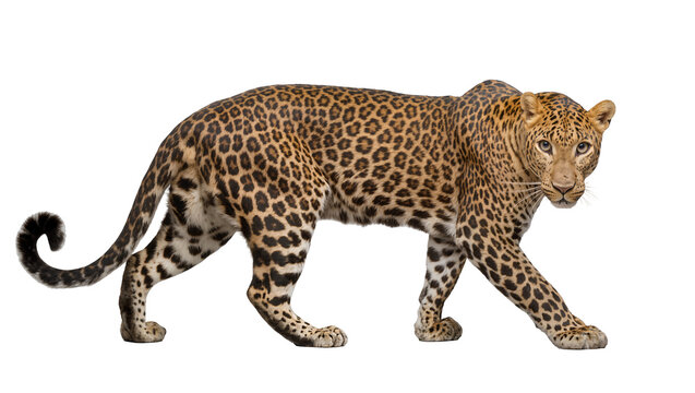 Spotted leopard walking with tail curled, isolated on transparent background