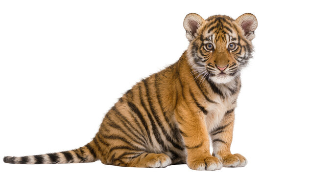 Cute tiger cub with orange and black stripes sitting, isolated on transparent background