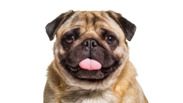 Cute pug dog with tongue sticking out, isolated on transparent background
