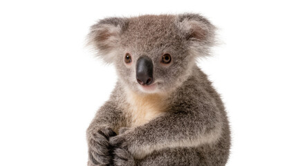 Fluffy grey koala bear with black nose, sitting upright isolated on transparent background © Mira