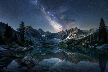 Fototapeta premium mystical mountain basin under starry milky way sky, crystal lake reflection, cinematic composition
