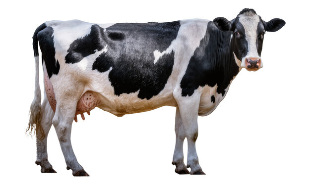 Black and white Holstein cow with udder, isolated on transparent background