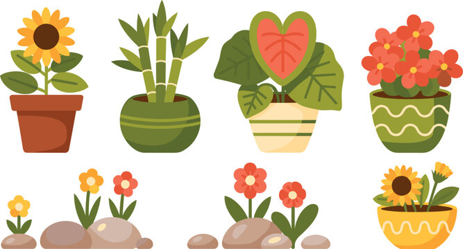 Cute cartoon blooming potted flowers and domestic home garden houseplants vector set collection isolated on white