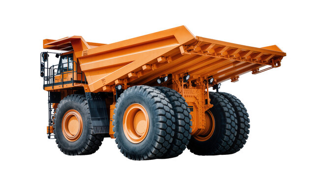 Massive orange mining dump truck with huge tires, isolated on transparent background