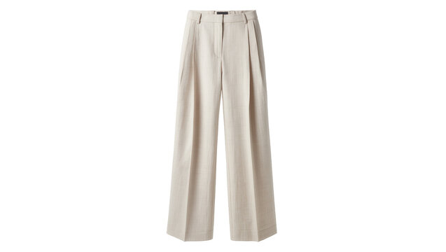 Beige wide-leg pleated trousers with a high waist, isolated on transparent background