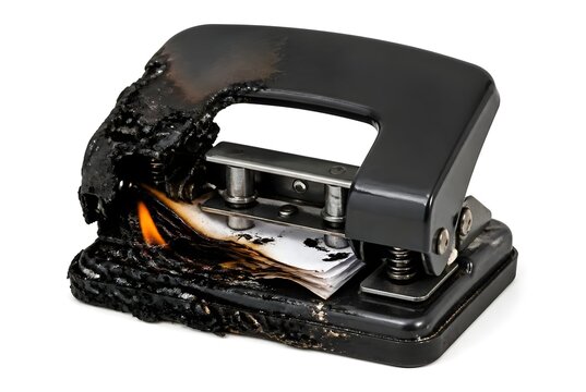 Burned hole puncher with smoke and fire isolated on white background