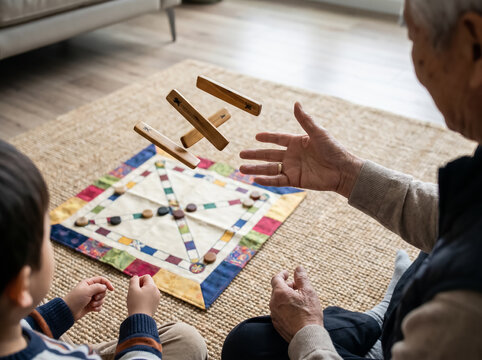 Senior and young child playing a traditional Korean Yut Nori board game with wooden sticks in the air, showing intergenerational bonding and family game time at home.