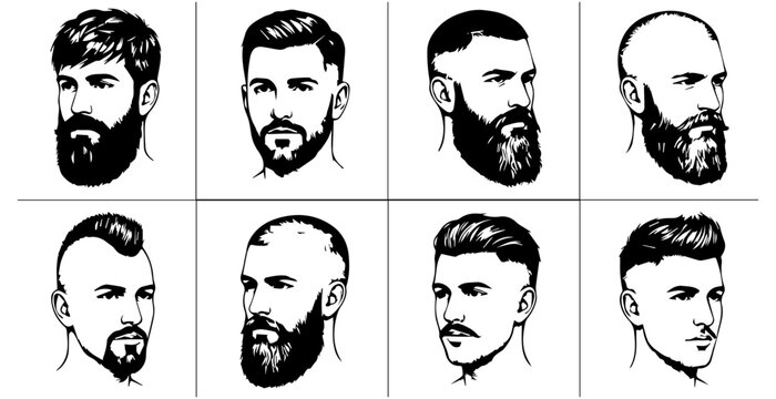 Men Hairstyle and Beard Style Vector Set, Barbershop Mascot Logo Bundle with Male Avatars, Hipster Shaved Head, Mohawk, Pompadour and Mustache Collection