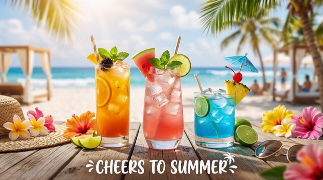 Three colorful refreshing tropical cocktails served on a wooden table at the beach during a bright and sunny summer day