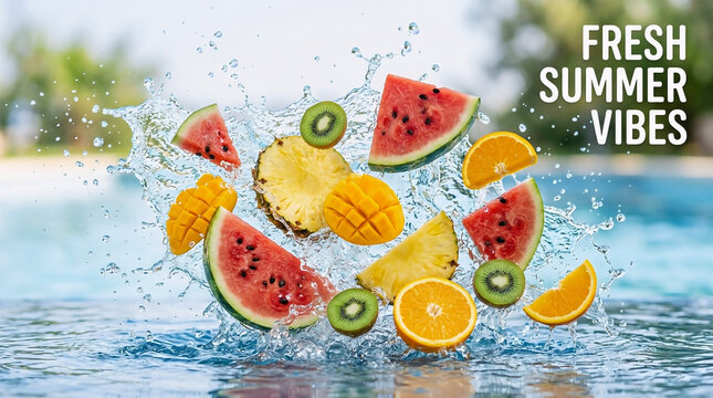 Fresh tropical fruits splashing in crystal clear water create a vibrant and refreshing photograph capturing the essence of summer season fun