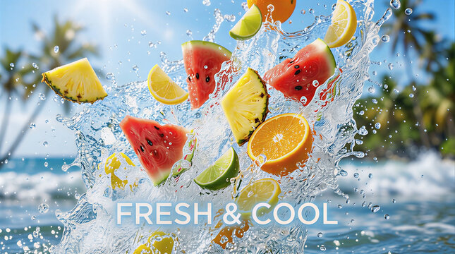 Vibrant tropical fruits splashing in crystal clear water captured in a refreshing photograph that evokes a perfect sunny summer day atmosphere