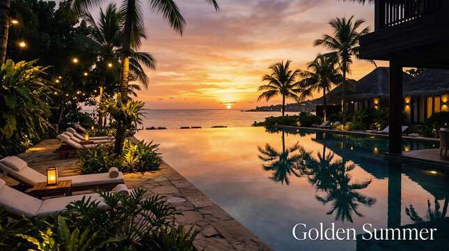 Beautiful luxury infinity pool overlooking a vibrant sunset ocean view at a tropical resort during a calm golden summer evening