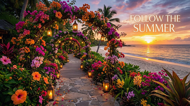 Vibrant floral archway path leads to a serene tropical beach during a golden sunset in this beautiful summer travel photograph