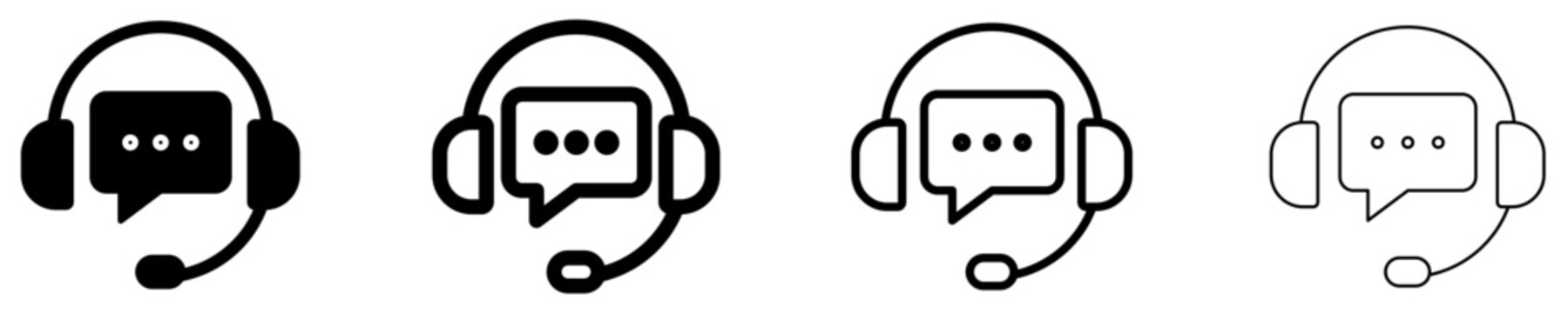 Set of headset with microphone and speech bubble icons with different line weights. Customer support, call center, online consultation, and helpdesk line art. Vector.