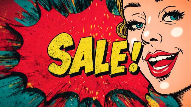 Excited woman exclaims "SALE!" in a vibrant comic book pop art style. A retro comic book style animation features a woman's face with bright blue eyes and red lips