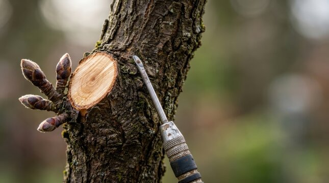Tree bark texture with healthy buds and pruning tool close - up