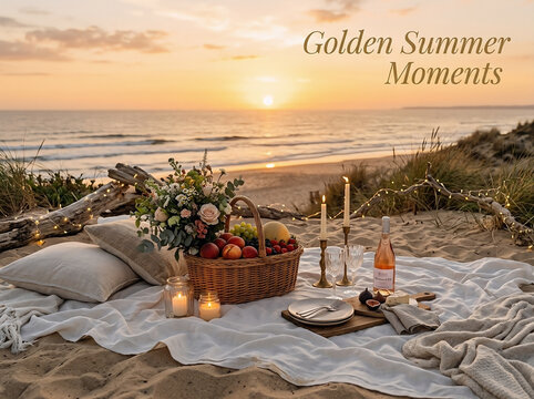 Romantic picnic setup featuring a wicker basket filled with fresh fruit and flowers on the beach during a beautiful sunset