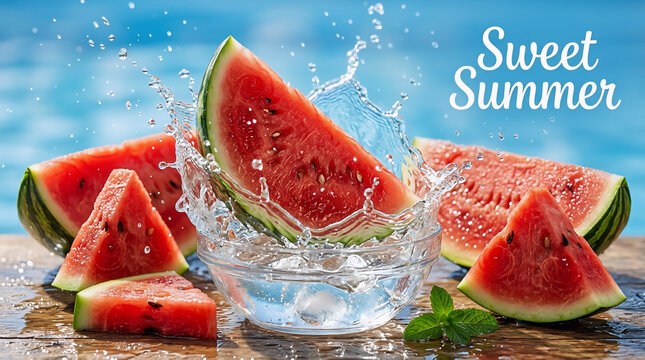 Fresh red watermelon slices splashing in a glass bowl filled with water to celebrate the bright and vibrant summer season