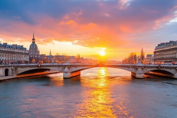 Obraz premium Sunset over Pont Neuf, Paris, France, Panorama, Urban Riverside, From Riverbank, Serenity and Romance Inspiration
