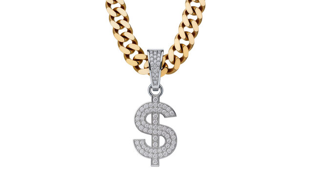 Gold cuban link chain with diamond dollar sign pendant, isolated on transparent background