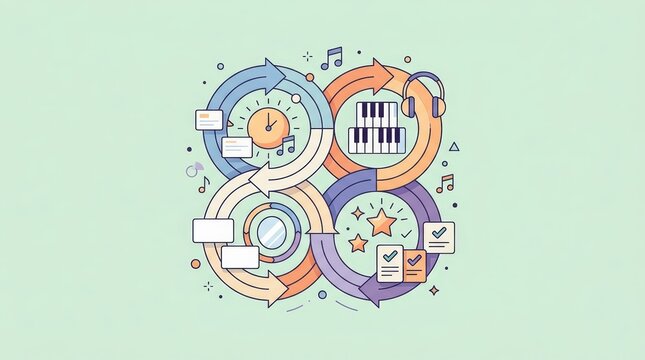 Music practice habit loop diagram with minimal style and colorful arrows