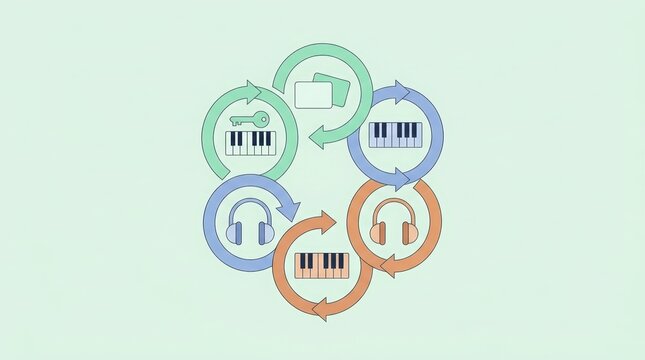 Music practice habit loop diagram with piano keys and headphones